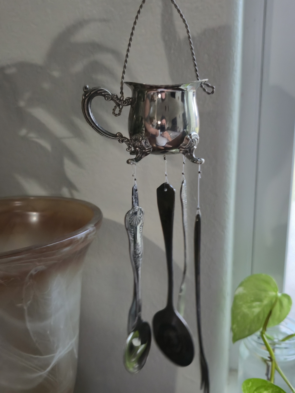 Handmade Repurposed Silverware Wind Chime Miniature Creamer & Flatware Decor